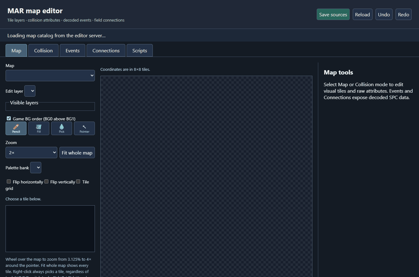 Map editor loading maps, changing modes, and previewing sprite events